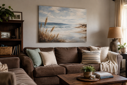 Cozy living room with a brown sofa, coffee table, and beach-themed wall art.