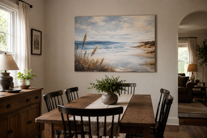 Dining room with a wooden table, chairs, and a large beach scene painting on the wall.