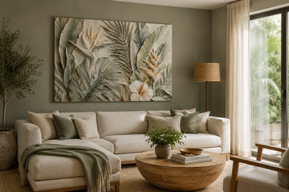 Living room with a beige sectional sofa, wooden coffee table, and large floral painting on the wall.