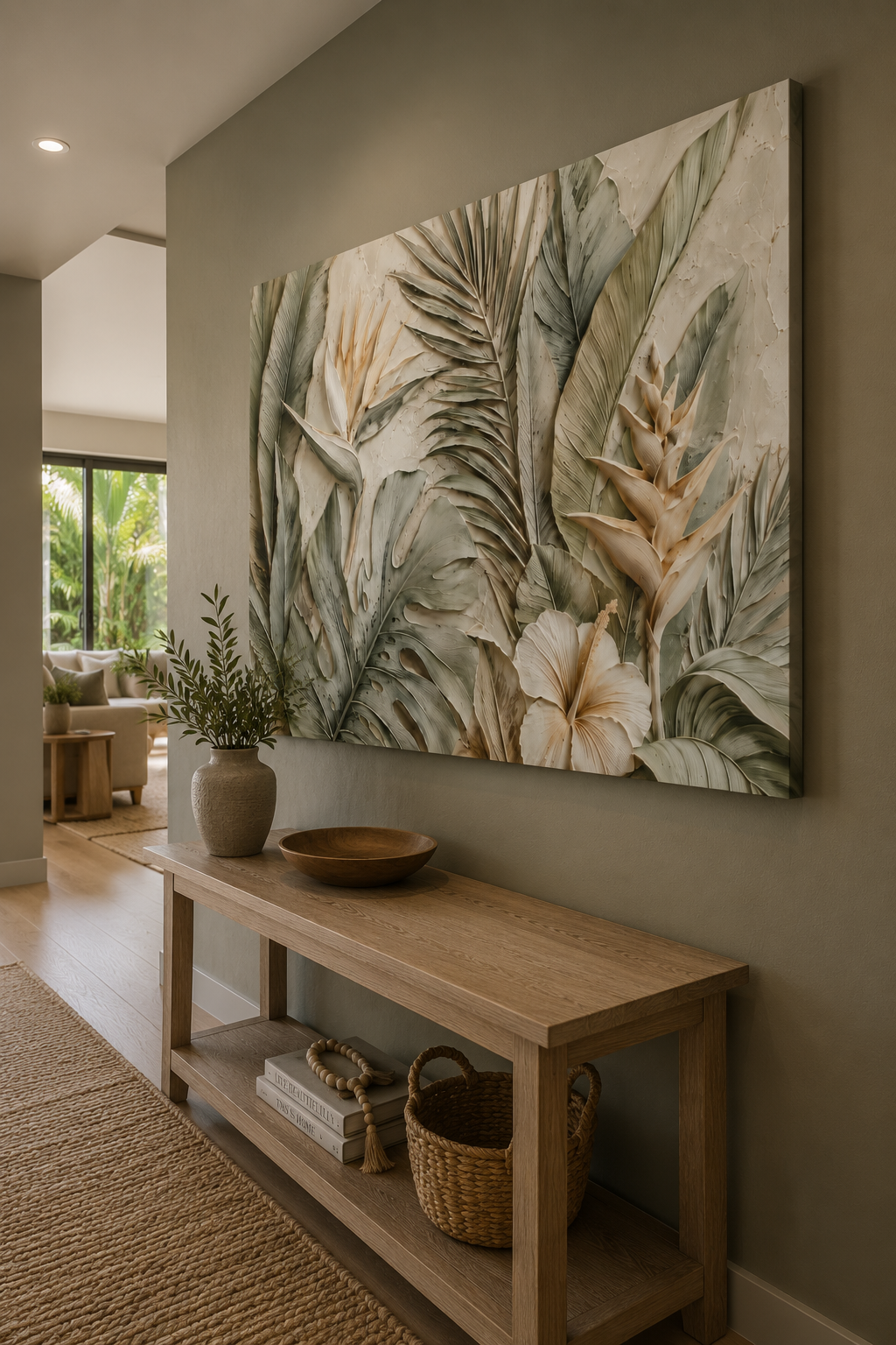 Tropical Botanical Canvas Print - Neutral Palm & Hibiscus Wall Art