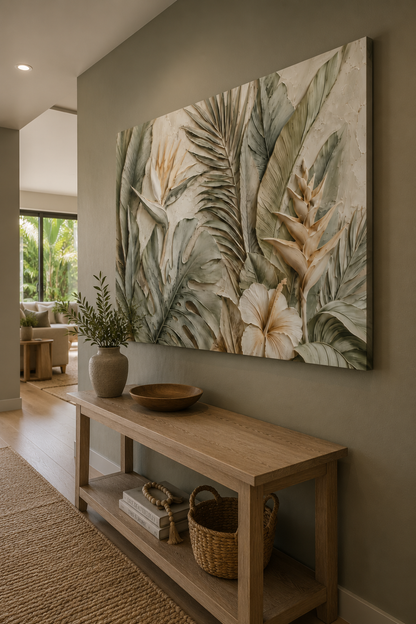 Framed botanical artwork on a wall above a wooden console table with decor items.