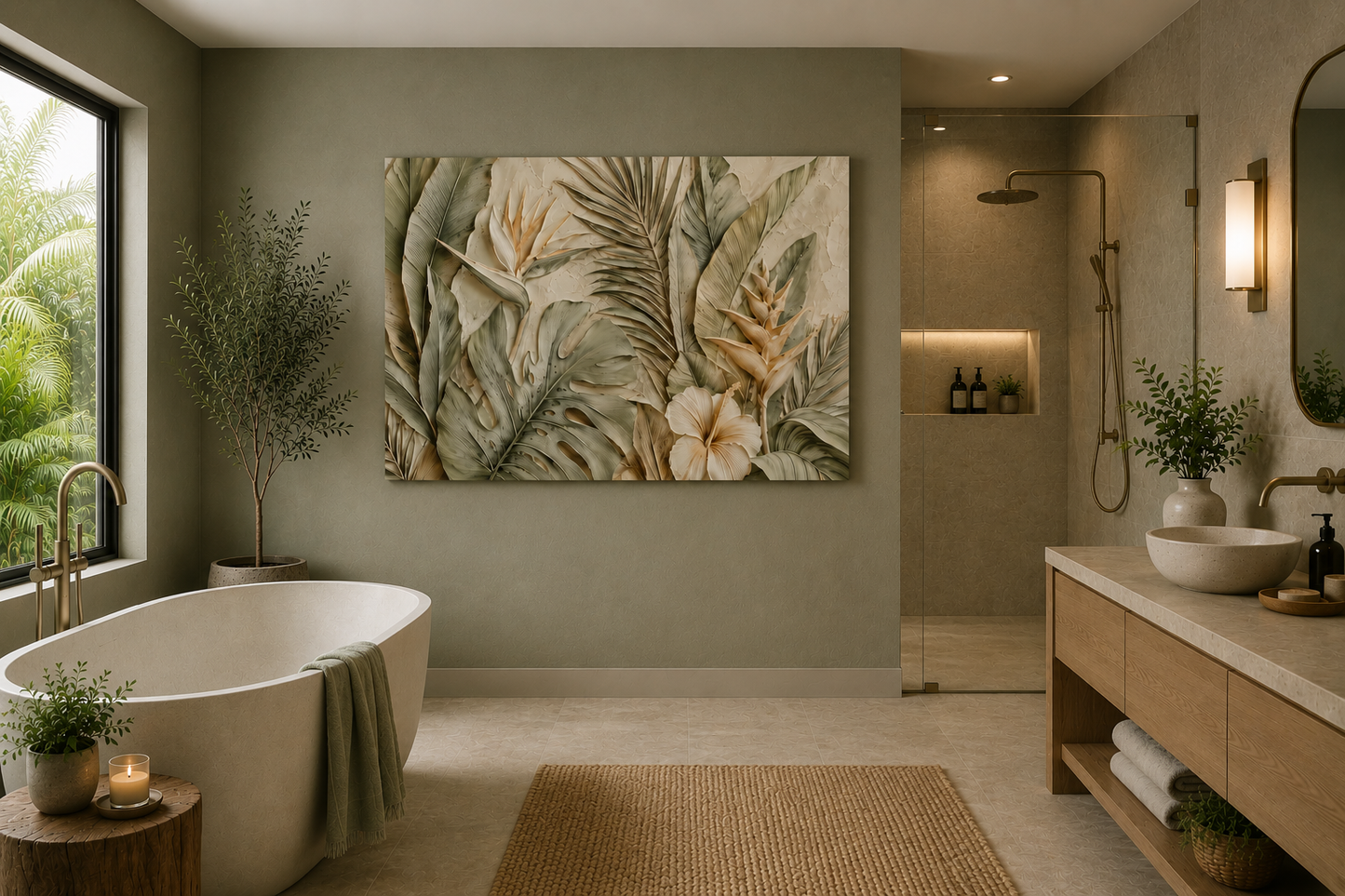 Tropical Botanical Canvas Print - Neutral Palm & Hibiscus Wall Art