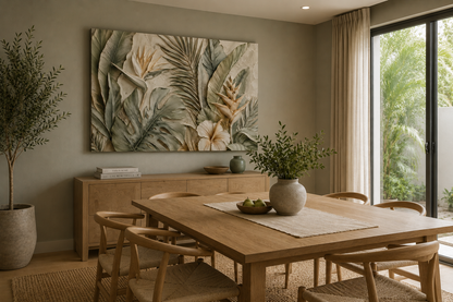 Dining room with wooden table, chairs, and a large leafy artwork on the wall.