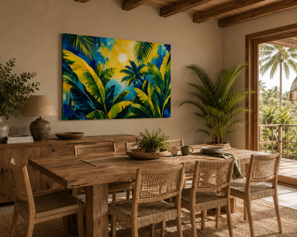 Dining room with wooden table and chairs, colorful tropical painting on the wall, and plants.