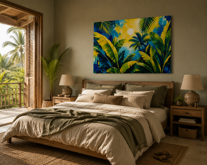 Bedroom with a tropical painting on the wall, wooden bed, and lamps.