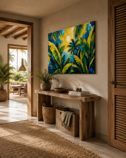 Decorative interior with a colorful tropical painting on the wall, wooden console table, and plants.