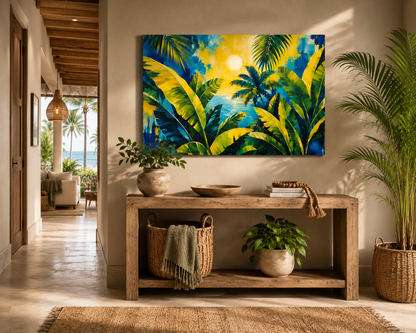 Decorative interior with a tropical painting, wooden bench, and plants.