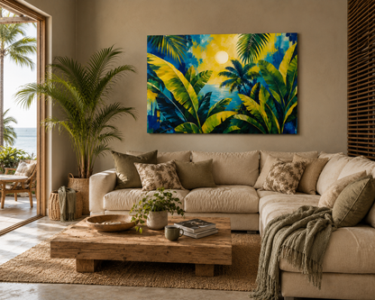 Living room with a beige sofa, wooden coffee table, and a colorful abstract painting of tropical leaves.