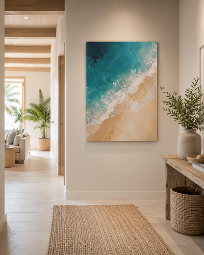 Living room with a beach-themed painting on the wall, plants, and wooden furniture.