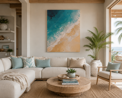 Living room with a large abstract painting of a beach scene, beige sectional sofa, and wooden coffee table.