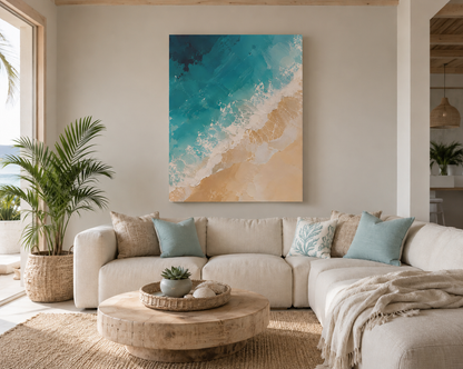Living room with a beige sectional sofa, round wooden coffee table, and abstract artwork on the wall.