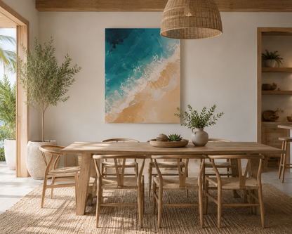 Dining room with wooden table and chairs, beach-themed artwork on the wall.
