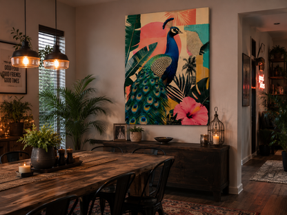 Dining room with a large peacock painting on the wall, wooden table, and chairs.