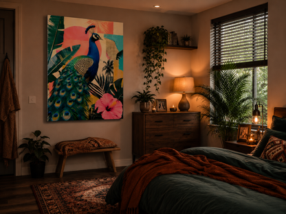 Cozy bedroom with a peacock painting, plants, and warm lighting.