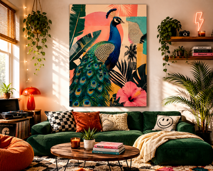 Living room with a colorful peacock painting on the wall, green sofa, and decorative items.
