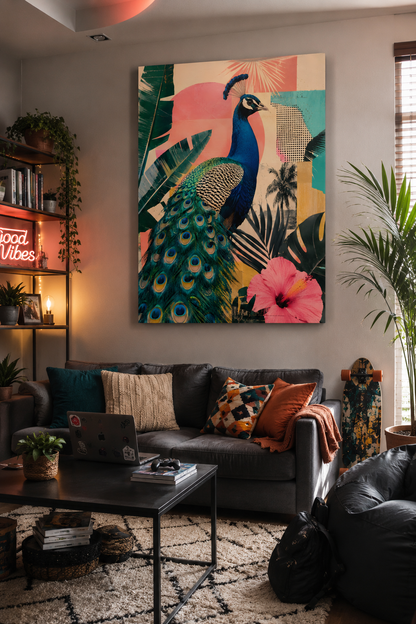 Living room with a colorful peacock painting on the wall