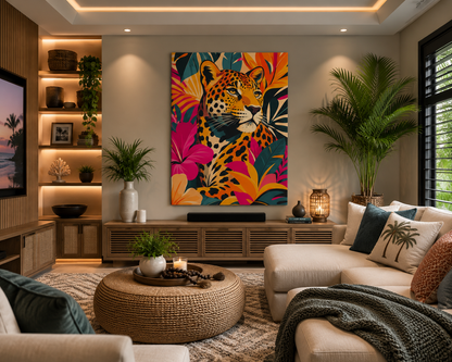 Modern living room with a colorful leopard painting, comfortable furniture, and decorative elements.