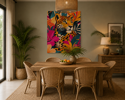 Dining room with a wooden table and chairs, colorful leopard painting on the wall, and plants.