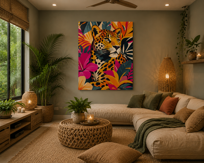 Living room with a colorful leopard painting on the wall, a sofa, and decorative elements.