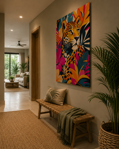 Colorful leopard artwork on a wall in a modern living room.