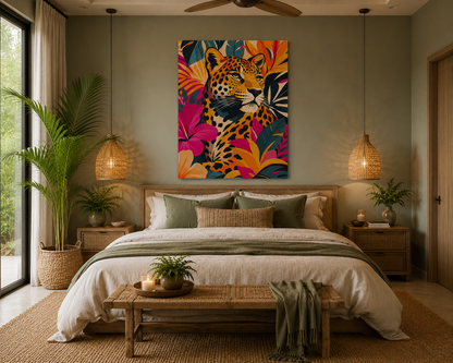 Decorative bedroom with a colorful leopard painting on the wall.