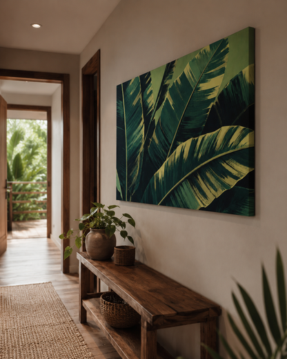 Foyer with a large tropical leaf painting on the wall, wooden bench, and plants.