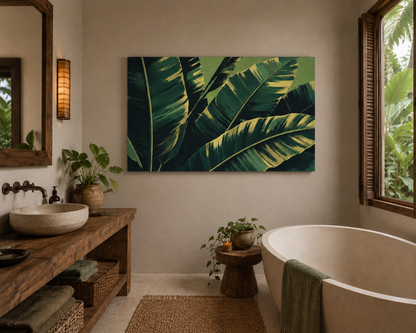 Bathroom with wooden vanity, bathtub, and tropical leaf artwork on the wall.