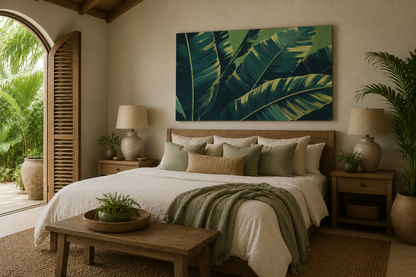 Bedroom with a large bed, decorative pillows, and a tropical leaf painting on the wall.