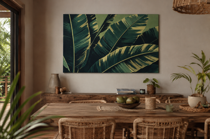 Dining room with a large tropical leaf painting on the wall, wooden table, and chairs.