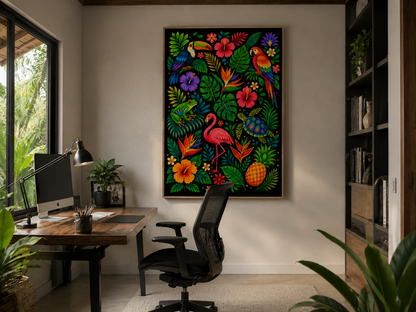 Colorful tropical wall art above a desk in a home office setting.