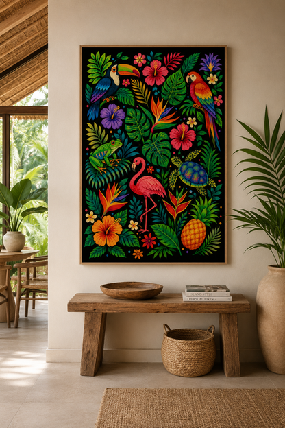 Colorful tropical wall art above a wooden bench in a room with plants.