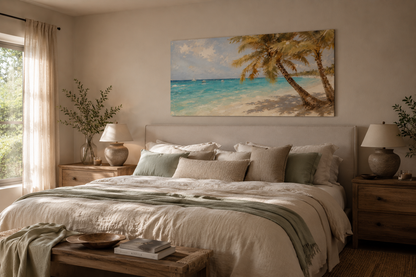 Bedroom with a large bed, nightstands, and a painting of a beach scene on the wall.