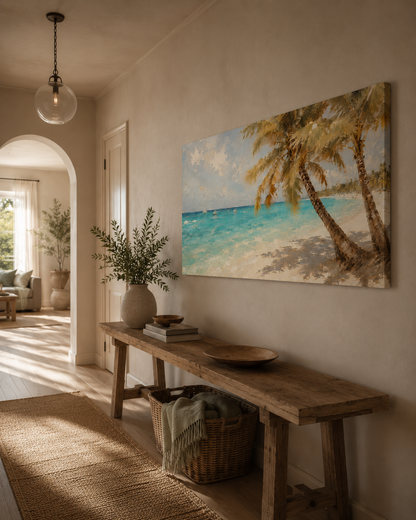Nautical-themed painting on a wall above a wooden bench in a room with natural light.