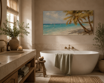 Bathroom with a bathtub, sink, and decorative painting of a beach scene.