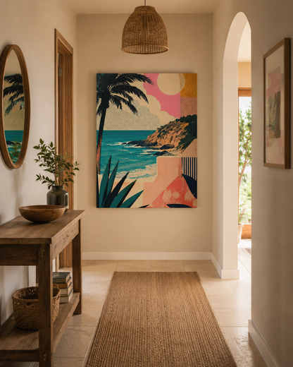 Nautical-themed wall art in a room with a wooden console table and decorative items.
