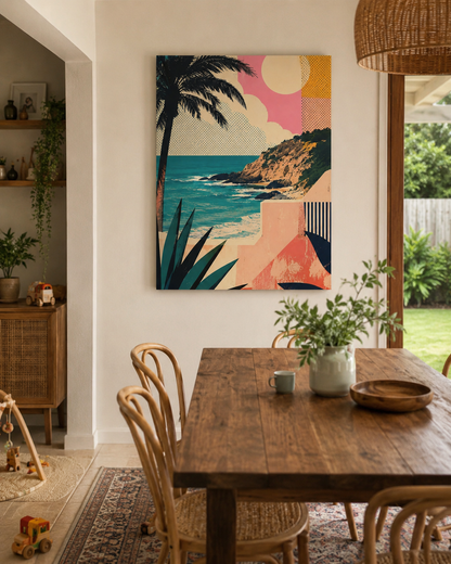 Dining room with a wooden table, chairs, and a colorful beach-themed painting on the wall.