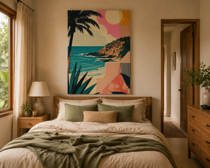 Bedroom with a large abstract painting of a beach scene on the wall.
