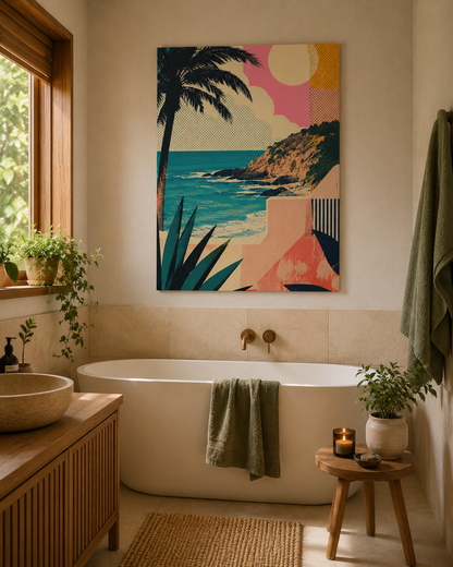 Bathroom with a bathtub, wooden cabinet, and wall art of a beach scene.