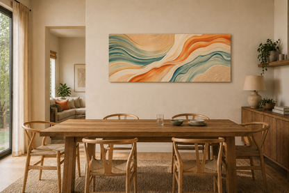 Dining room with wooden table and chairs, colorful abstract painting on the wall.