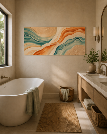 Modern bathroom with a freestanding bathtub, abstract wall art, and wooden vanity.