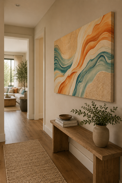 Living room with a large abstract painting on the wall, wooden bench, and plants.