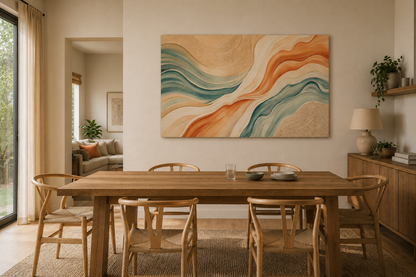 Dining room with wooden table and chairs, abstract painting on the wall, and a view of a living room.