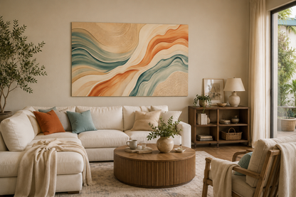 Cozy living room with a beige sectional sofa, wooden coffee table, and abstract wall art.