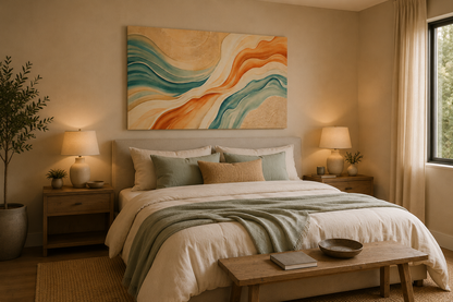Cozy bedroom with a bed, nightstands, and abstract wall art.