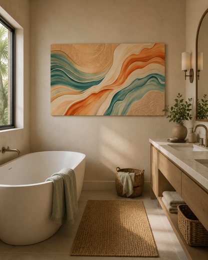 Bathroom with a freestanding bathtub, abstract wall art, and wooden vanity.