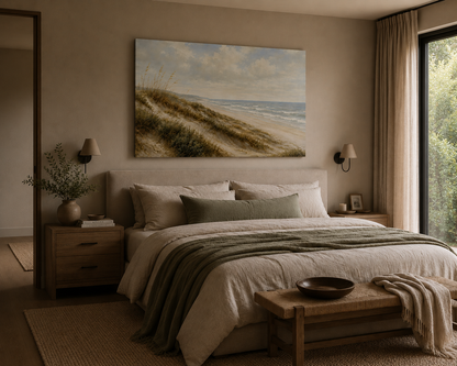 A large rectangular wall art print depicting a beach dune landscape hangs above a neatly made bed in a softly styled bedroom. The artwork shows tan and brown dunes, blue-gray sky, and pale water.