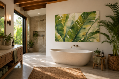 A large rectangular wall art print featuring green tropical banana leaves hangs above a freestanding oval bathtub in a bright, modern bathroom with wood ceiling beams, a stone shower area, and potted plants.