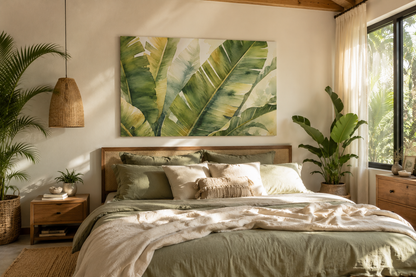 A large rectangular wall art print featuring green tropical banana leaves, displayed above a neatly made bed in a bright, modern bedroom with plants, wooden furniture, and natural light.