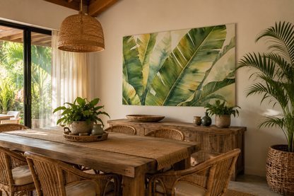 A large rectangular wall art print featuring oversized green tropical banana leaves, displayed in a warm, modern dining room above a wooden sideboard with wicker chairs and potted plants.