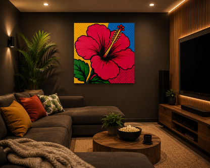 A large pop art hibiscus flower canvas print on the wall of a media room.